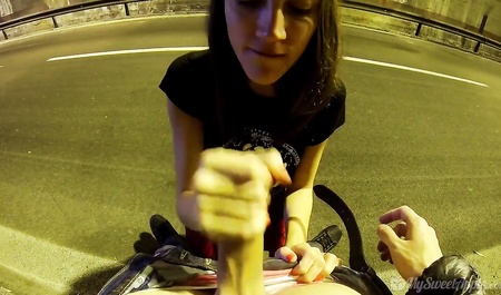 Skinny girl shows Tits and sucks dick in the tunnel