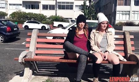 Horny girl masturbating pussy in public places