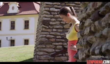 Horny coed fingering her pussy in the Park