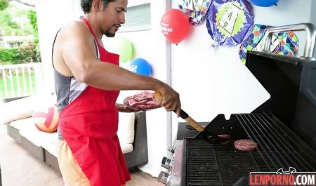 The neighbor fucked the seductive brunette during cooking steak