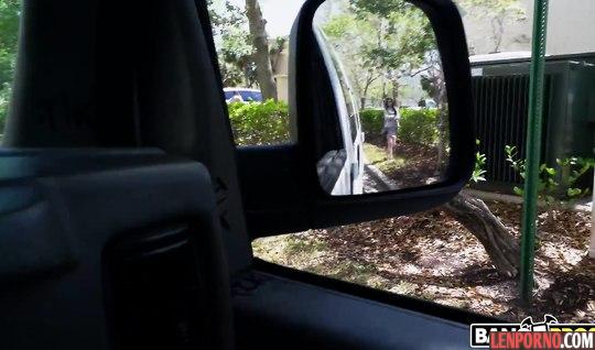 Young brunette in short skirt fucked in the car with a stranger