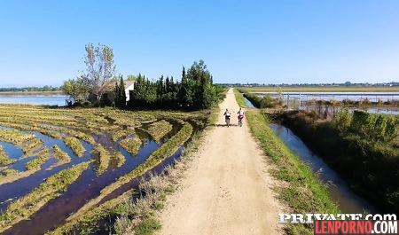 Three appetizing nurse fucking with two muscle heads in the nature in different poses