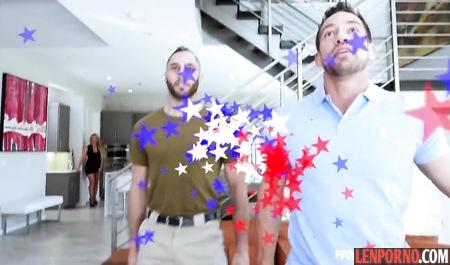 The nurse with long hair moaning from group sex with two muscle heads