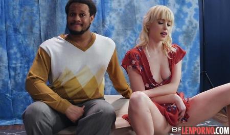 Black guy drills the blondes hairy pussy and cums on her