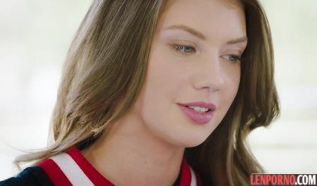 Brunette lying on her belly and moans from rough gang Bang pink pussy