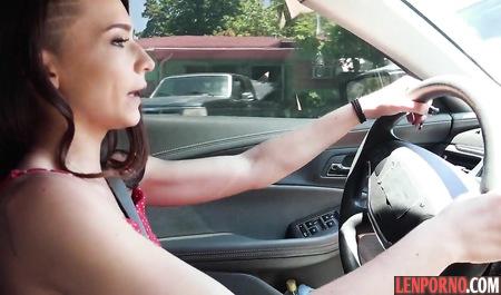 Young pretty woman driving a pick up artist makes a deep Blowjob