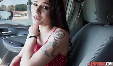 Young pretty woman driving a pick up artist makes a deep Blowjob