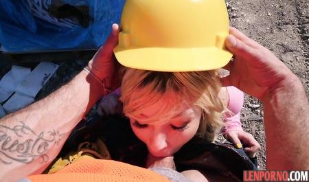 Blonde suck muscular wingman at a construction site close up