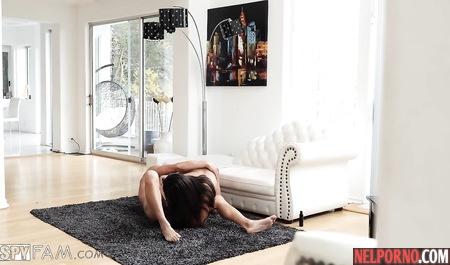 Busty stepdaughter after sex taking cum on her Tits