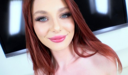 Redheaded coed takes a deep Blowjob guy in front of the c...