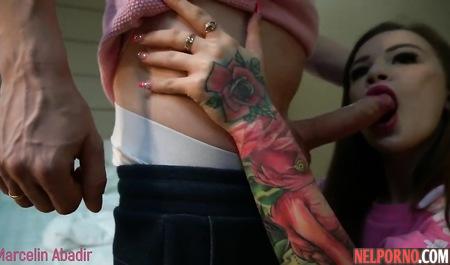Skinny girl with tattoo doing deep Blowjob to a guy and then Fucks him cancer