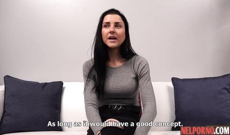 Busty brunette with a tattoo on the casting removed the red underwear and started to suck dick