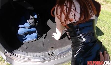 Redhead bitch in a mask outdoors sucks dick a fat husband and Fucks him by the car