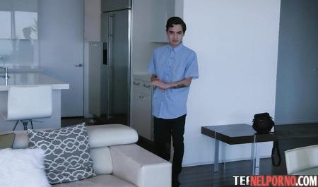 Young blonde sticks to the student-neighbor and Fucks his big point