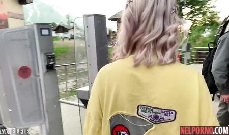 Girl during a trip jerks off a mans penis at the camera and opens her mouth for a Blowjob