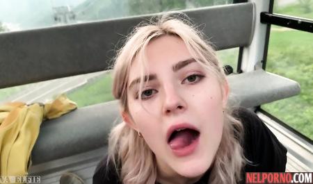 Girl during a trip jerks off a mans penis at the camera and opens her mouth for a Blowjob