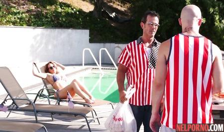 Busty nurse in a bikini has sex with young lover