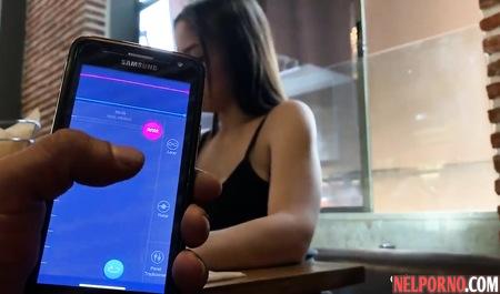 The guy in the audience adjusts vibrating egg in pussy-girlfriend and brings her to orgasm