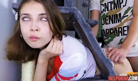 Russian girl got stuck on the stairs and asked for a home dog-sex