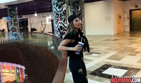 Russian girl with glasses and a cap agreed on a Blowjob in public