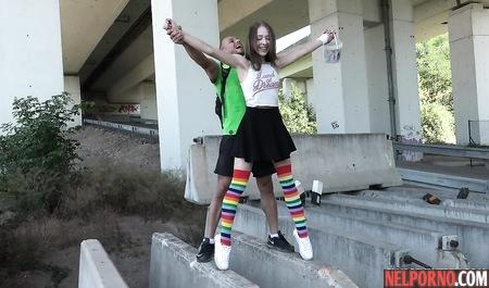 Russian young girl in a public place to have sex with a guy