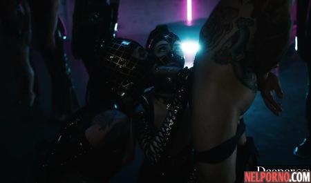 Tattooed man at a party in Gangbang fucked two girls in latex