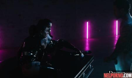 Tattooed man at a party in Gangbang fucked two girls in latex