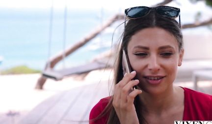 Long-legged girl on the nature in the pose of cancer makes Blowjob and Fucks