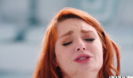 Redhead girlfriend in different poses meets his friend