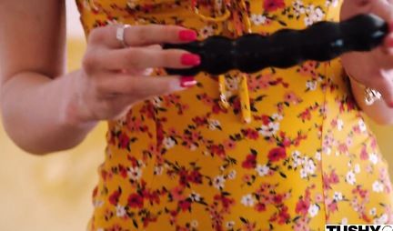 Skinny brunette spreads her legs for deep anal sex