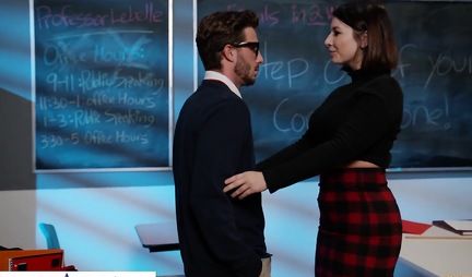 Tattooed mommy in the role of the teacher spread her legs in stockings for sex