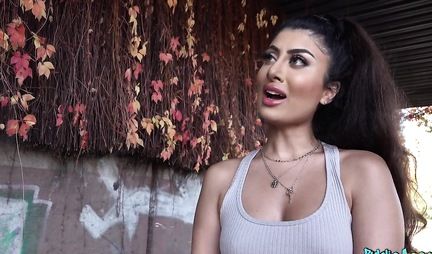 Brunette after truck agreed to sex on the street in first person