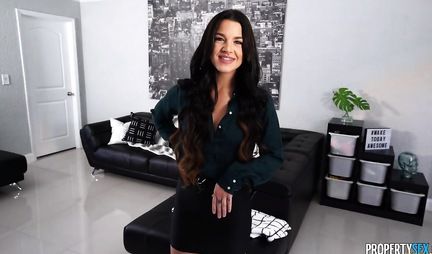 Brunette with long legs is having sex in the first person