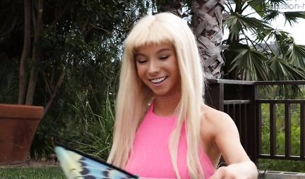 Thin blonde on the street lifted her pink top and Fucks with neighbor