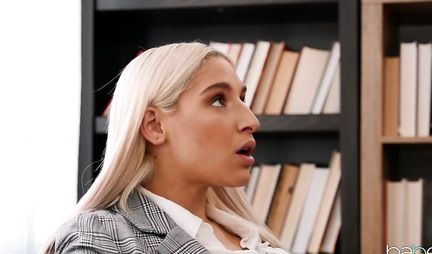 Blonde in the office spreads legs and inserts hairy hole of love