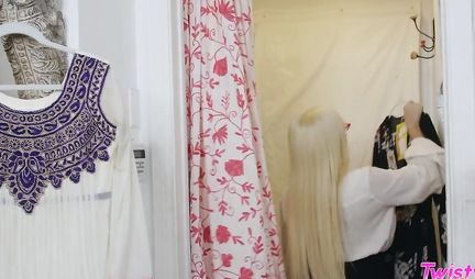 Three blonde lesbians in dressing room lesbians staged a laid