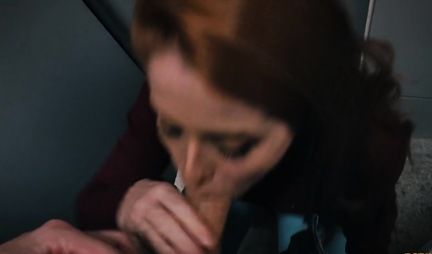 Redhead girl after a Blowjob receives a lot of sperm on her face and mouth