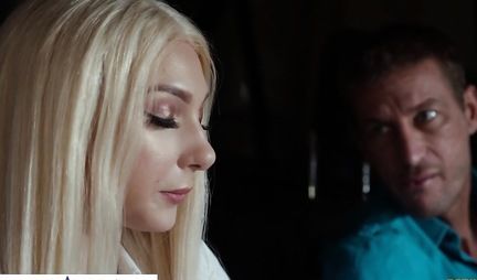 Blonde with big Tits standing in a pose cancer and lets a guys dick in her hole