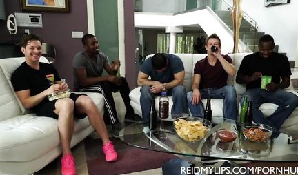 Brunette on sofa experienced powerful orgasms during an Orgy with double penetration