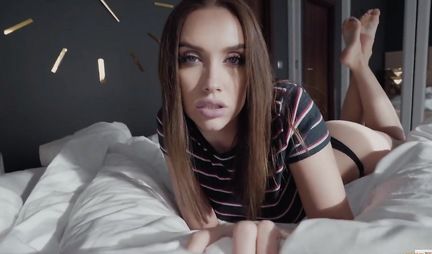 Girl lying on her stomach makes Russian Blowjob and takes cum in mouth