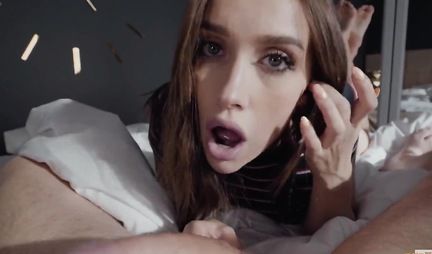 Girl lying on her stomach makes Russian Blowjob and takes cum in mouth