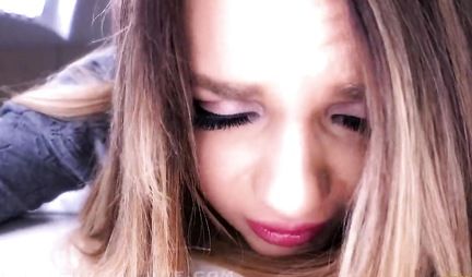 Girl with big Boobs shows closeup Blowjob first-person