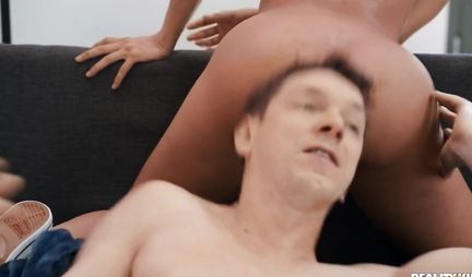 Nurse with big milkings spreads legs for spanking the kid on the couch