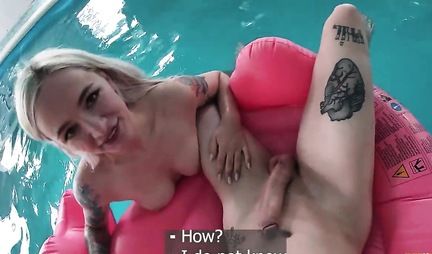 Tattooed Russian blonde has not denied the guy in sex in the first person