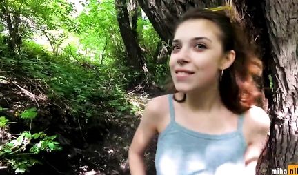 Russian girl in leggings fucks in the first person right in nature