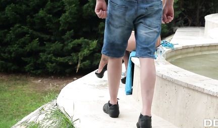 Big tit milf moans and cums from spanking with gardener