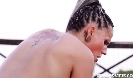 In nature, a busty tourist is comfortable moving on a fat stranger's cock