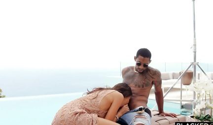 Negroes give anal double penetration to a slender partner and pour cum on her