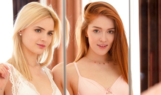 Redhead lesbian strips blonde in the bedroom and muddies ...