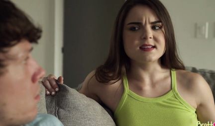 A young brunette is ready to bang with a student on the couch and get high